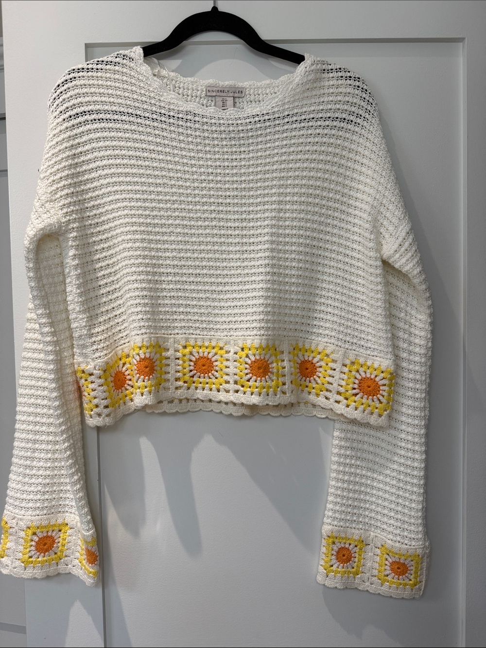 Sincerely Jules White Crochet Sweater with Yellow & Orange Sunflower Trim